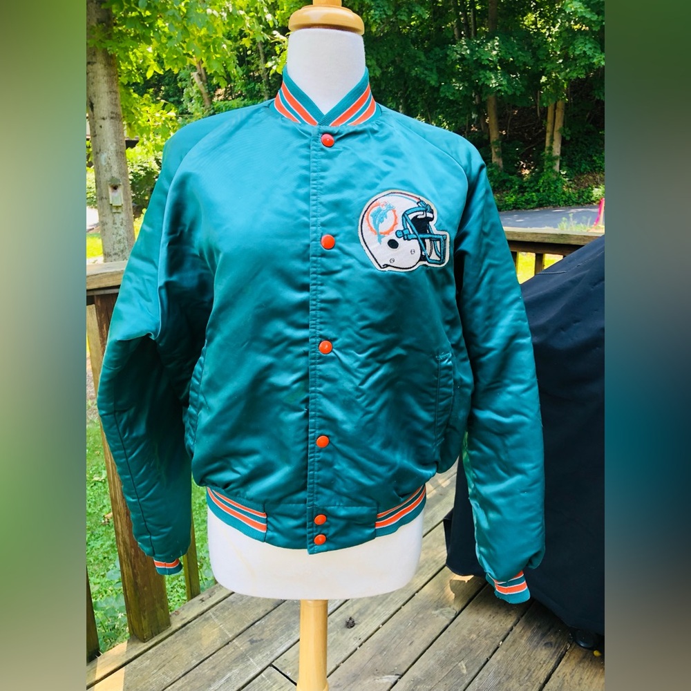 Vtg 80-90 Chalk Line Miami Dolphins Green Satin Bomber Jacket Large Helmet Patch